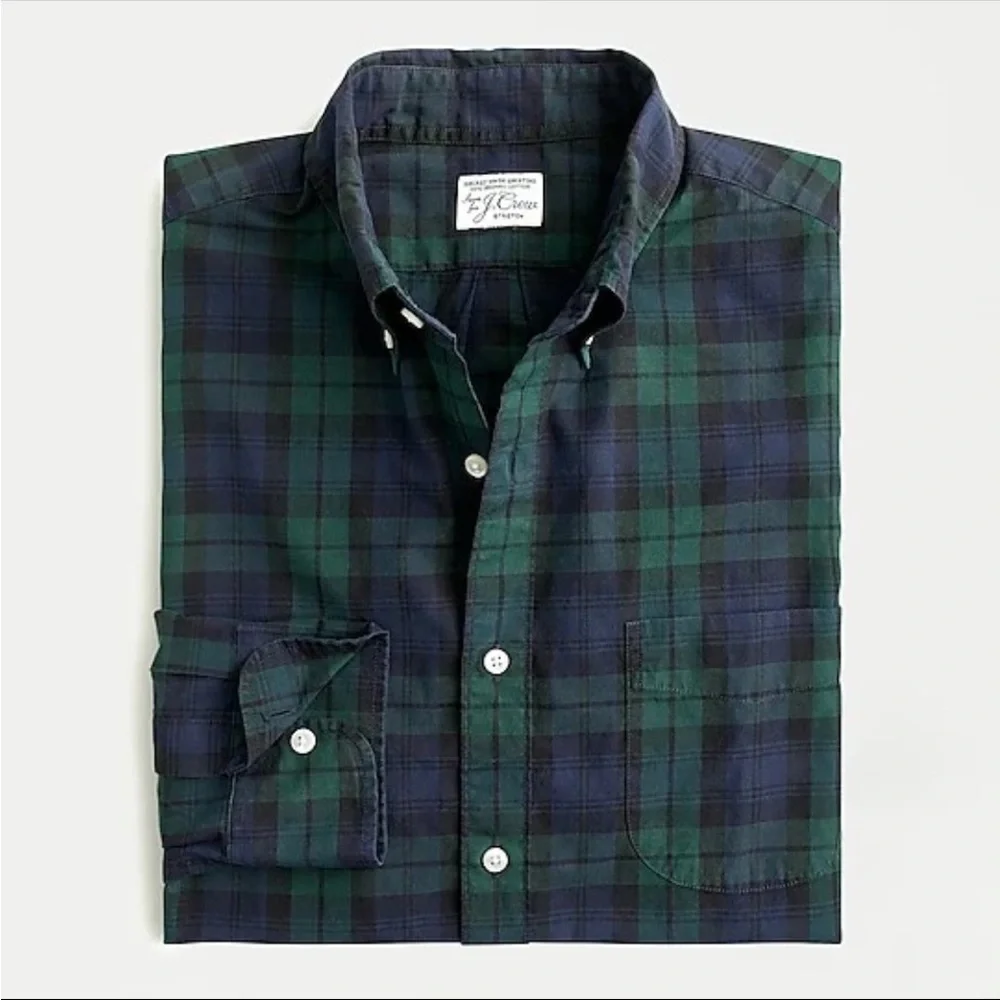 J Crew‎ Classic Fit Blackwatch Pattern Secret Wash Organic Poplin Shirt XL Green
